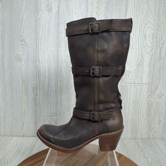 Frye Women’s 9B Western Genuine Leather 3 Strap Heeled Boots Made in Mexico - Picture 1 of 16